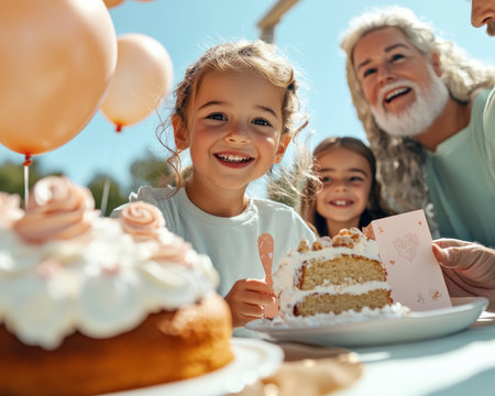 Capture the warmth of Mother's Day with a vibrant outdoor family scene Balloons, cake, and children presenting handmade cards to their mother embody familial love This cheerful celebration highlights lasting memories with sweet treats and joyful interactions, perfectly showcasing the strong family bond on this special day AI Generativeの素材