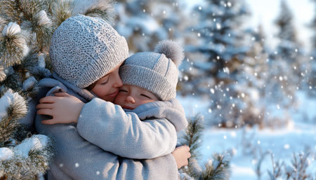 A mother's love glows amidst a snowy forest She embraces her child, a tender hug radiating warmth against the winter chill This serene scene captures their nurturing bond, a moment of pure affection Nature's beauty enhances their connection, creating a cherished memory of family love in winter's heart AI Generativeの素材