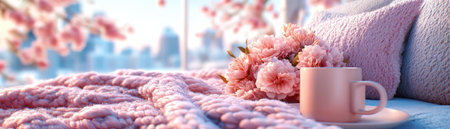 Capture the warmth of home with a pink blanket, soft pillows, and flowers, alongside a thoughtful Mother's Day gift Pastel hues and cozy decor create a serene, inviting scene, embodying affection and gratitude This image offers a peaceful escape, celebrating joy and the comfort of a loving space AI Generativeの素材
