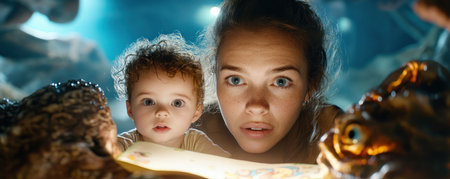 This image captures a magical, whimsical moment: a mother and child, bathed in gentle light, share a bedtime story that looks like a map It's a scene of togetherness, love, and gentle support, evoking childhood dreams and shared family adventures The cozy atmosphere radiates warmth and wonder AI Generativeの素材