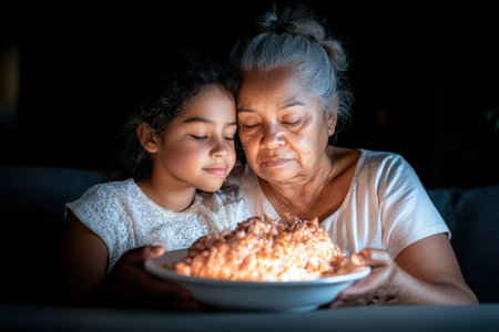 This image portrays a tender bond between a mother and teenage daughter, not through a hug, but in their shared space on a sofa A plate between them symbolizes their quiet connection, radiating warmth, support, and familial trust It's a moment that captures the essence of intergenerational love and togetherness AI Generativeの素材
