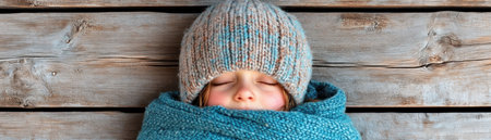 Capture the warmth of a mother's love with this image of a child in a blue knitted hat, swaddled in a matching blanket The cozy, secure feeling against a rustic wood background evokes perfect security and care Ideal for projects needing a touch of heartfelt tenderness Download this illustration now AI Generativeの素材
