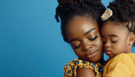 This heartwarming image portrays a mother's tender embrace, radiating love and security A quiet moment between parent and child speaks volumes about their profound connection and affection Perfect for illustrating family bonding, childhood innocence, and the powerful essence of motherly love Use this evocative picture to capture these themes today AI Generativeの素材