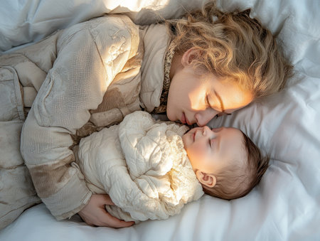 This image captures a serene moment of maternal comfort after a potential fall A mother's gentle touch showcases their beautiful bond, embodying love, nurturing, and reassurance It's a sweet, calming scene highlighting protection, affection, and family values, emphasizing the unbreakable connection between mother and child AI Generativeの素材