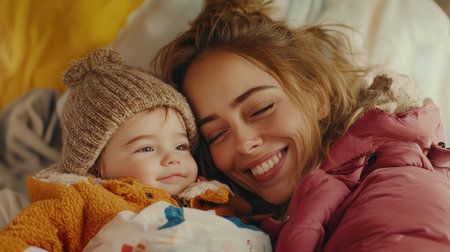 A mother tenderly rocks her child, radiating warmth and security This image of love captures a peaceful, connected moment of motherhood, showcasing the beautiful bond between parent and child The serene scene perfectly embodies parental affection, conveying a safe and loving atmosphere, highlighting the importance of such love AI Generativeの素材