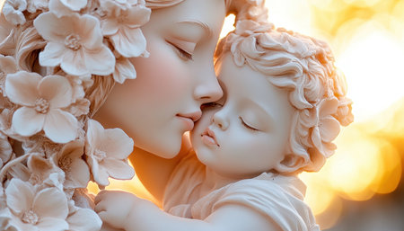 This heartwarming image captures maternal love in a serene family scene A tender embrace, soft features, and gentle light evoke peace and security Perfect for illustrating family, love, and nurturing bonds, its visually captivating beauty highlights the profound connection between parent and child AI Generativeの素材