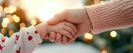 A mother's gentle hand cradles her child's, bedside, a powerful image of their deep bond It symbolizes protection, safety, and connection, evoking love and peace The tender touch conveys warmth and nurturing comfort, a reminder of a parent's loving embrace AI Generativeの素材
