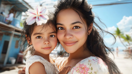 This image portrays a tender mother-child hug, a powerful symbol of their intimate bond It captures a heartfelt moment of love, showcasing the beauty of motherhood and the innocence of childhood This precious interaction celebrates unbreakable family ties, fostering warmth, affection, and a sense of belonging AI Generativeの素材
