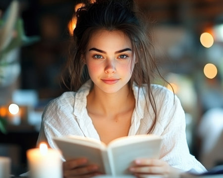 A mother reads a bedtime story, her gentle presence filling a cozy room with calm This serene portrait captures the essence of maternal love and the unique bond with her child The image radiates well-being, perfect for book covers illustrating affection and relaxation in a warm, inviting space AI Generativeの素材