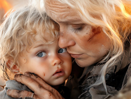 A mother's soft whispers during a storm forge an unbreakable bond of trust and love Her devotion, support, and strength create a haven, showcasing family resilience It's a powerful display of compassion, nurturing her child with safety and security, a testament to the enduring power of a mother's love AI Generativeの素材