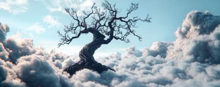 A majestic bare tree, a family tree etched with love, rises from fluffy clouds against a serene blue sky Symbolizing a mother's enduring influence, it embodies timelessness and connection to ancestry A visual metaphor for legacy, strength, and deep family roots in nature's grand tapestry AI Generativeの素材