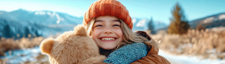 A smiling child, warmly dressed in orange hat, brown coat, and blue gloves, clutches a teddy bear amidst snowy mountains She's enveloped in a close, loving embrace from an unseen presence, radiating trust and emotional intimacy, not maternal but profoundly affectionate, against the stark winter backdrop AI Generativeの素材