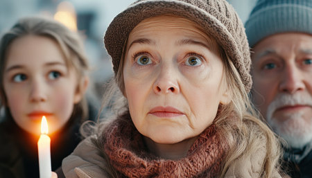 A heartwarming family picture captures generations united in love and respect Candlelight illuminates faces young and old, celebrating shared history and connection This timeless snapshot showcases the strength of family ties, beautifully illustrating multigenerational love and harmonious togetherness A touching portrait of family joy and unwavering bonds AI Generativeの素材