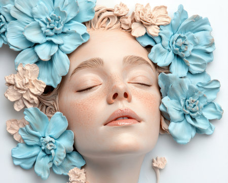 A serene tribute to maternal love, this image features a porcelain figure amidst delicate floral artistry, bathed in soft, dreamlike light It captures a timeless moment of remembrance, honoring shared values and maternal strength Evoking peace and eternal affection, it's ideal for conveying heartfelt sentiments AI Generativeの素材