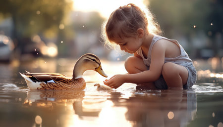 A child tenderly feeds ducks by a calm pond, bathed in sunset's golden glow, depicting a sweet bond with nature This scene exudes innocent joy and tranquility, showcasing a young girl's gentle interaction with wildlife Water reflections enhance the serene atmosphere, beautifully reflecting a mother and daughter's deep connection through AI Generativeの素材
