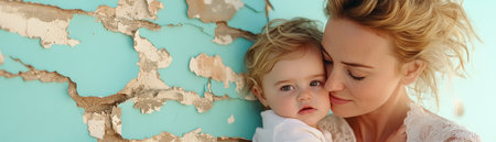 A tender hug between mother and child radiates warmth and love Soft tones and diffused light create a dreamlike atmosphere, emphasizing the nurturing connection This image captures the essence of motherhood, embodying unconditional love, comfort, and the unbreakable familial bond in a moment of pure maternal affection AI Generativeの素材