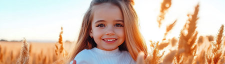 A young girl's radiant smile in a golden field captures pure joy Though unseen, a mother's loving presence and nurturing influence permeates the scene This heartwarming image, radiating happiness and warmth, is ideal for projects celebrating family, nature, and the essence of childhood AI Generativeの素材