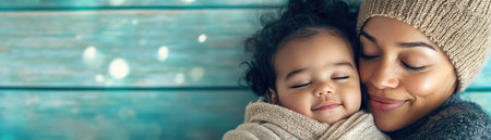 A tender embrace captures the heart of maternal love, a mother offering solace and connection This image showcases the beautiful bond, a peaceful moment of affection perfect for illustrating family warmth, cozy moments, and the gentle magic of motherhood during a winter day AI Generativeの素材