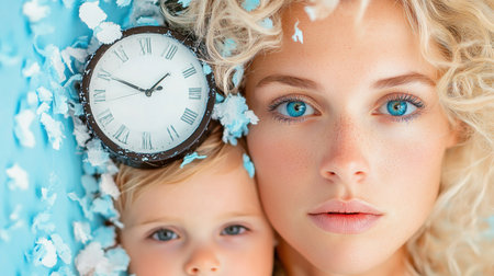 Forget scraped knees; this image portrays a profound parent-child connection A mother and child, with matching blue eyes, share an intense gaze towards the camera Vintage clock and blue confetti add a whimsical touch It captures the essence of tender moments, innocence, and the unique bond between a parent and AI Generativeの素材