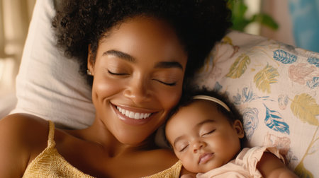 A serene image of a mother's gentle smile as her child sleeps peacefully in her arms embodies pure maternal love This tender scene evokes feelings of affection, trust, and security, perfect for promoting family-oriented products or services Discover the beauty of this precious, intimate moment AI Generativeの素材