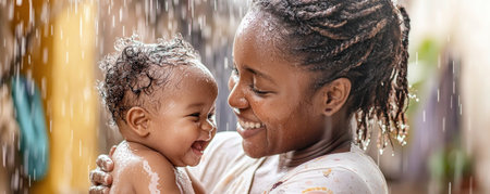 A heartwarming photograph captures a mother embracing her child in soft rain, showcasing the pure love of motherhood This tender embrace, bathed in a gentle shower, highlights their unbreakable bond The serene shot conveys affection and the beauty of parenthood, emphasizing the nurturing joy of a mother's embrace AI Generativeの素材