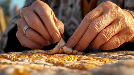 A mother and her family sew a quilt, a timeless symbol of love, tradition, and heritage This detailed scene captures the delicate handiwork passed down through generations, evoking feelings of connection and cultural pride The craft creates a warm, beautiful piece of art, a testament to enduring family bonds and AI Generativeの素材