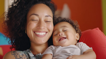 This image embodies pure love: a joyful mother embraces her child, their happiness radiating Maternal tenderness shines through this harmonious moment, perfect for conveying warmth and affection Use this captivating picture to add emotional depth and highlight the unbreakable bond between mother and child in your project AI Generativeの素材