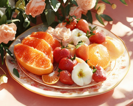 A vibrant dinner table scene captures love and legacy Elegant floral arrangements and fresh fruits create a warm, inviting atmosphere for family gatherings This visual story celebrates precious moments, harmonious traditions, and modern connections, highlighting the beauty of life's everyday blessings and strong family bonds AI Generativeの素材