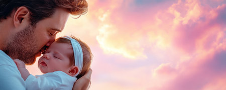 This heartwarming image captures a father's tender embrace of his sleeping daughter, reflecting the unbreakable family bond It showcases the essence of parental love, mirroring values instilled by the mother A soft, dreamy sunset provides a beautiful backdrop to this scene of pure familial connection AI Generativeの素材