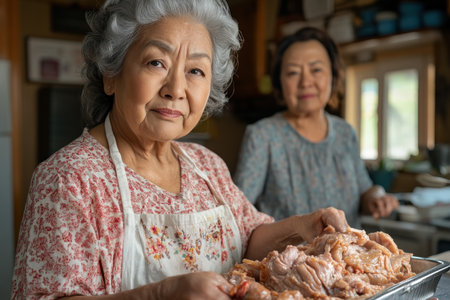 Experience the joy of mothers cooking together, sharing recipes and laughter A family tradition unfolds as they bond over a delicious meal Generations unite in the kitchen, creating lasting memories through cooking Family is love, a constant presence, and a place to always call home AI Generativeの素材
