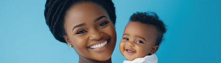 This heartwarming image captures pure maternal joy A smiling mother lifts her baby high, their joyful bond radiating happiness and strength Set against a vibrant blue backdrop, the photo beautifully illustrates family, love, and the beauty of parenthood, embodying the powerful connection between mother and child AI Generativeの素材