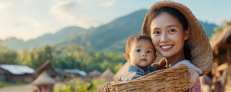 This image captures the pure joy of motherhood A happy mother cradles her child, radiating nurture and protection against a serene natural backdrop It evokes peaceful family life, showcasing the deep mother-child bond Perfect for projects needing heartwarming, natural, and loving family themes AI Generativeの素材