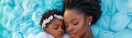 A tender image captures the essence of maternal love, showcasing a mother and child's intimate moment Resting on soft blue fabric, their closeness reflects profound care and emotional depth This heartwarming visual portrays the beauty of a nurturing bond and peaceful connection, ideal for various creative projects AI Generativeの素材