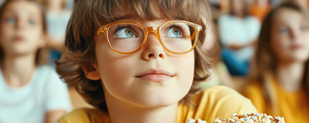 This image captures a heartwarming school play scene A young boy with glasses is captivated by the performance while his mother beams with pride, her eyes glowing with affection The audience, full of children, fades slightly, emphasizing the special bond Ideal for school, childhood, or family-themed content AI Generativeの素材