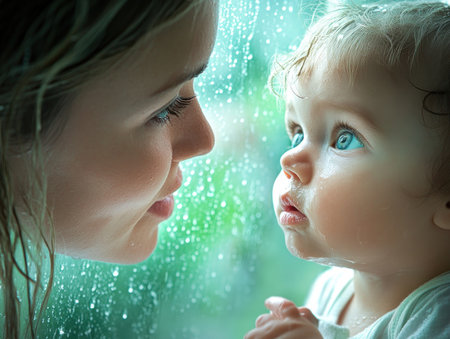 A mother and toddler share an intimate moment, watching raindrops trace patterns on the window Affectionate interaction fills the scene, highlighting a mother's love and a child's wonder The gentle rain enhances this heart-warming glimpse into their unique bond and the shared joy found in simple, special memories AI Generativeの素材