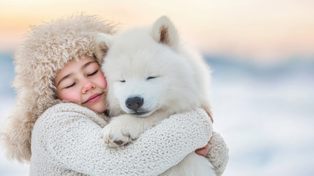 Witness a tender moment of pure affection: a mother's serene hug, radiating love and comfort under a twilight sky A girl gently embraces a fluffy white animal, capturing a soft intimacy as they enjoy the evening's beauty Share this captivating portrayal of a gentle bond AI Generativeの素材