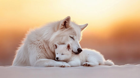 Witness a serene white wolf mother tenderly embracing her pup against a twilight sky, a pure depiction of love and connection in nature This scene embodies intimacy, showcasing unconditional affection within magnificent beauty A perfect symbol of a mother's heartfelt bond Discover the essence of love in this gentle hug AI Generativeの素材