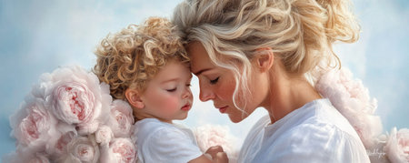 Capture the pure, tender essence of motherhood with this heartwarming stock photo A mother's loving embrace envelops her child, showcasing the profound bond between parent and child This glowing image embodies maternal affection, care, and protection, making it a stunning visual representation of pure tenderness AI Generativeの素材