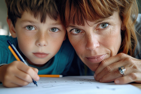 This image portrays a tender scene of motherhood: a nurturing mother helping her child with homework It's a symbol of family values, growth, and the powerful bond between parent and child Witness the loving atmosphere of learning, where encouragement shapes young minds, highlighting the beauty of family life and the AI Generativeの素材