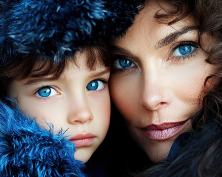 Capture the tender bond of a mother and child in this close-up portrait Striking blue eyes draw you into their emotional connection, filled with care and affection This heart-warming image embodies unconditional love, perfect for adding emotional resonance to blogs, magazines, or any content needing a touch of familial affection AI Generativeの素材