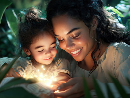 Witness a tender evening scene where a mother and child, bathed in the glow of fireflies, share serene smiles of trust Holding warm lights, they create an ethereal, magical atmosphere, radiating the pure joy of connection and highlighting the profound beauty of motherhood in this evocative image AI Generativeの素材