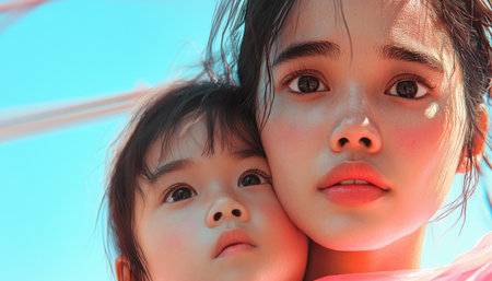 This image captures the essence of motherhood: a tender embrace between mother and child It evokes feelings of comfort, security, and deep familial affection The nostalgic scene symbolizes the enduring love and nurturing connection central to motherhood, making it perfect for reflecting on cherished family bonds AI Generativeの素材