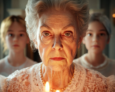 A warm family reunion unfolds around a fireplace, bathed in candlelight Generations unite, sharing cherished memories and laughter The image captures a tender embrace, showcasing the strength of their bond and shared history This cozy gathering epitomizes love and creates an everlasting memory AI Generativeの素材