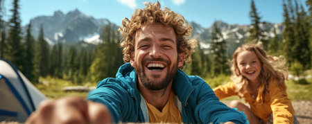This vibrant image captures a joyful family tug-of-war during a camping trip A man and a girl, near their tent, engage in spirited teamwork Laughter and smiles abound, showcasing the importance of outdoor family time This photo embodies fun, bonding, and the delightful essence of camping with loved ones AI Generativeの素材