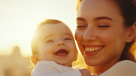 This heartwarming image captures the pure essence of maternal love A gently smiling mother holds her baby securely, their happiness radiating in a warm glow This tender scene embodies family bonds, child development, and the joys of parenting Perfect for campaigns showcasing parent-child connection AI Generativeの素材