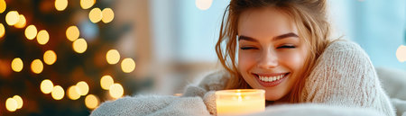 Experience the gentle warmth of a mother's love A close-up captures a smiling woman with a candle, her serene expression radiating joy A blurred Christmas tree in the background enhances the cozy, peaceful holiday ambiance Discover the tranquil beauty of this heartfelt scene AI Generativeの素材