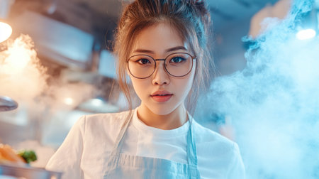Witness a captivating scene: an Asian mother, in a bright modern kitchen, expertly prepares a meal with fresh vegetables Traditional techniques blend with contemporary flair, her focused dedication creating a warm, inviting ambiance This image celebrates the art of home cooking, where heritage meets innovation in a modern-day kitchen AI Generativeの素材