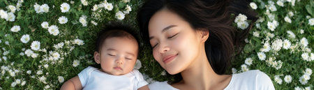 A serene image captures an Asian mother and her newborn, nestled amidst white flowers, in a tender moment of peaceful connection The scene radiates love, innocence, and protection, beautifully showcasing the bond of motherhood Perfect for family and baby publications, the image highlights life's precious harmony AI Generativeの素材