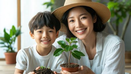 A heartwarming scene depicts an Asian mother and son gardening, fostering a strong bond The smiling duo, with hats and potted plants, learn life lessons through nature This image captures the joy of family, growth, and learning in a domestic setting, emphasizing the nurturing relationship between parent and child AI Generativeの素材