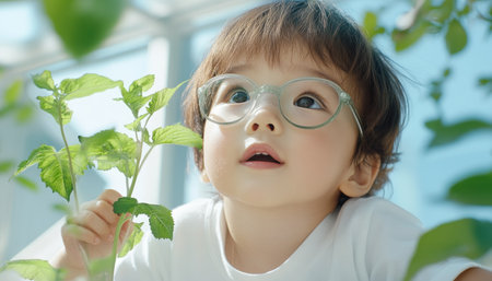 A tender portrait captures a young Asian child with glasses, exploring nature alongside their mother This heartwarming scene highlights the bond between them, showcasing early learning and development The toddler's curiosity with plants emphasizes a precious moment of family connection and growth AI Generativeの素材